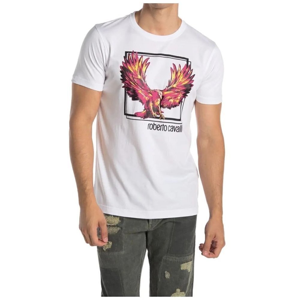 Roberto Cavalli Mens White Phoenix Print Short Sleeve Crew Neck T Shirt Sz L New